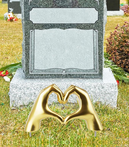 FlidRunest Cemetery Grave Heart Hands Sculpture with Metal Ground Plug, Headstone Resin Heart Gesture Hands for Graves, Grave Decorations, Memorials, and Sympathy Gifts for the Loss of Loved Ones Gold