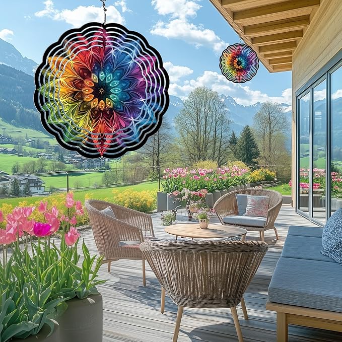 Wind Spinners Outdoor, Hanging Wind Spinner for Garden Decoration, 8 inch 3D Stainless Steel Metal Wind Sculpture for Indoor/Outdoor Decor, Mandala D