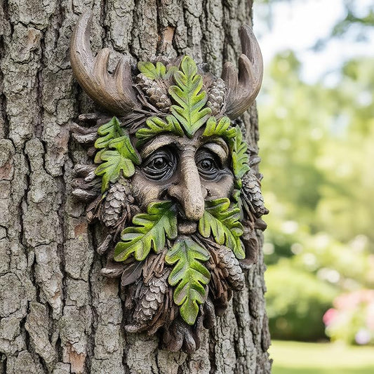 8.3" Real Tree Face Hugger Statue, Garden Outdoor Resin Sculpture with Foliage Features, Fairy Elve Accent Yard Art, Halloween Trees Decorations Outdoor Wall Mounted Statue