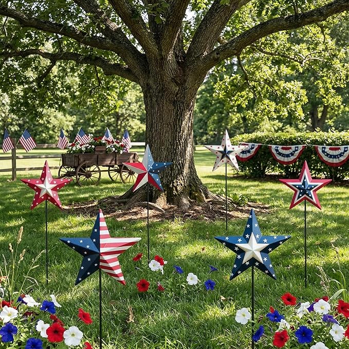 4th of July Decorations Outdoor 19" Metal Barn Star 6-Pack, Patriotic Outdoor Decorations, Rustic Iron Decorative Garden Stakes with American Flag Stars for Yard Patio Lawn