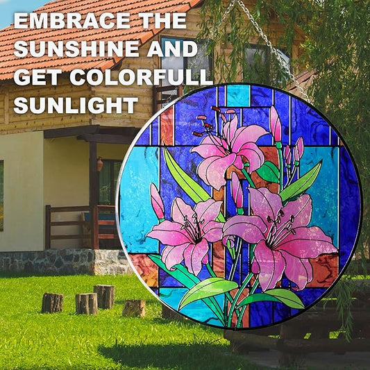 Hanway Suncatcher in Colorful Stained Glass 12" Dia - Genuine Brightly Colored Glass, Protective Metal Edge, Ready to Use Hanging Chain, for Window, Garden (Lily)