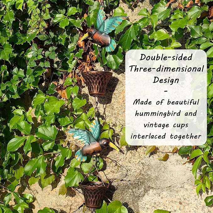 8.5FT Rain Chain, Hummingbird and Cup Rain Chains for Gutters and Downspouts, Metal Decorative Rainwater Catcher Chain, Antique Copper Rain Gutter Downspout Chains for Outside Garden