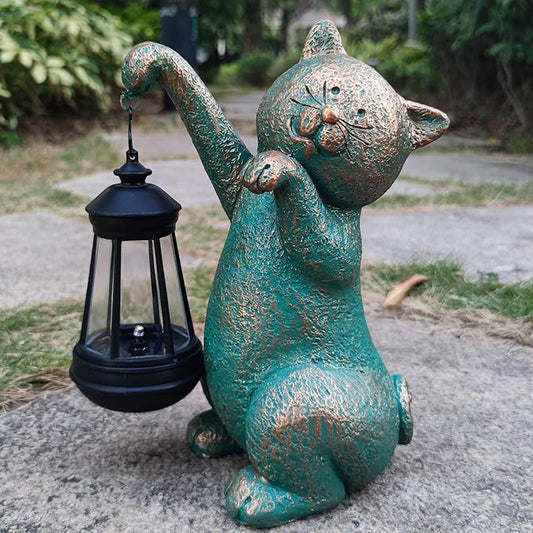 Cat Garden Statue Outdoor Décor with Solar Lights Lantern,Cat Solar Light Figurines Outside Decorations for Yard,Lawn Patio, Balcony, Unique Housewarming Gifts
