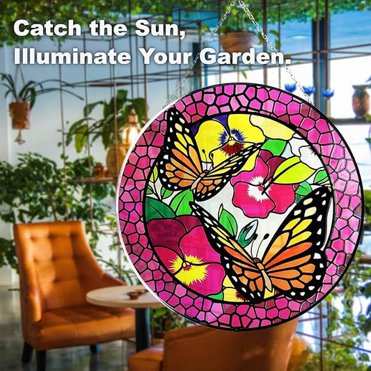 Hanway Suncatcher in Colorful Stained Glass 12" Dia - Genuine Brightly Colored Glass, Protective Metal Edge, Ready to Use Hanging Chain, for Window, Garden (Butterfly 2)