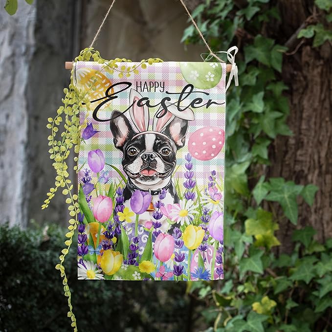 Happy Easter Dog Garden Flag Boston Terrier Spring Flags Buffalo Plaid Bunny Eggs Yard Flag for Outside 12x18 Double Sided Small Decorative Floral Outdoor Flag