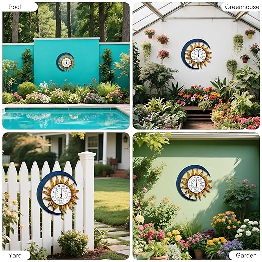 pealstar Outdoor Thermometer with Hygrometer Waterproof Large Wall Thermometer Decorative Metal Sun-Moon Outdoor Thermometers for Patio Garden Yard Living Room Decor