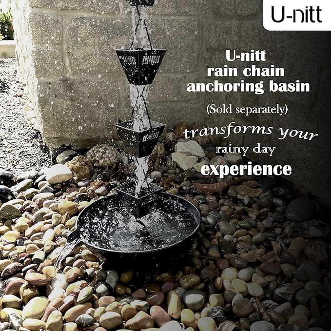 U-nitt Rain Chain Water Collection for Gutters Rainwater Catcher & Diverter, 8.5 FT Chains for Outside Garden, Black Square Cups, Roof Downspout, Works with Heavy Rain, w/ Gutter Clip for Rainchains