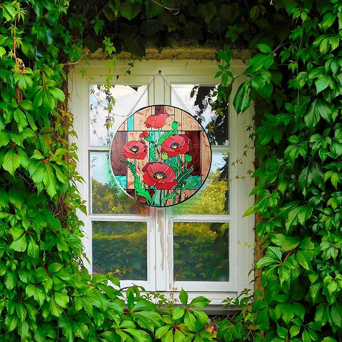 Hanway Suncatcher in Colorful Stained Glass 12" Dia - Genuine Brightly Colored Glass, Protective Metal Edge, Ready to Use Hanging Chain, for Window, Garden (Poppy Flower)