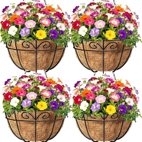Amagabeli 4 Pack 14 Inch Metal Hanging Baskets Planter Outdoor Round Wire Hanging Basket for Plants with Coco Fiber Liners Chain Plant Holder for Garden Patio Deck Porch Plants Vegetables Flower Pots