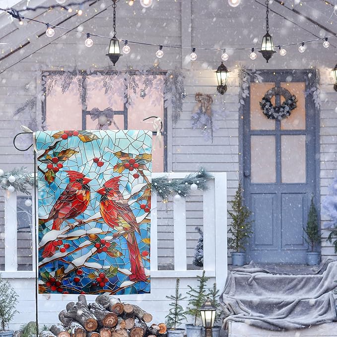 Winter Cardinal Bird Garden Flag for Outside 28x40 Stained Glass Red Birds on Snow Pine Tree Flag Christmas House Flags Large Outdoor Welcome New Years Yard Flag Double Sided