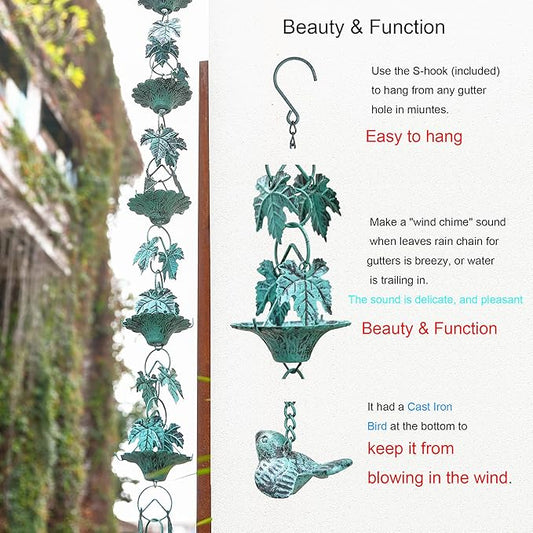 Antique Blue Leaves with Cup Rain Chain for Gutters, Functional and Decorative Replacement Downspout Chain for Outside, Metal Rain Catcher Chain, 8.5FT
