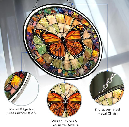 Monarch Butterfly Stained Glass Window Hangings, Cat Butterfly Sunflower Handcrafted Stained Glass Suncatchers, Gift for Cat Lovers Nature Lovers (12”x12”)