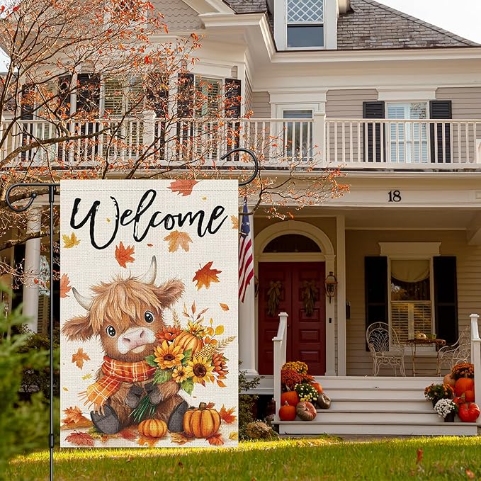 Heyfibro Welcome Fall Highland Cow Garden Flag 12x18 Double Sided Burlap, Autumn Pumpkin Sunflower Yard Flags for Thanksgiving Rustic Seasonal Outside Outdoor Decoration (ONLY FLAG)