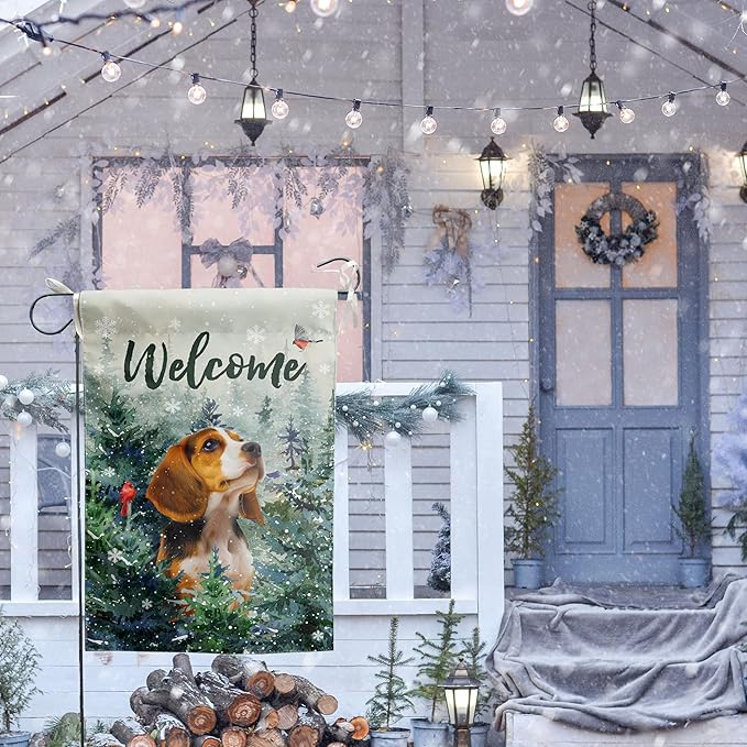 Welcome Winter Garden Flags Beagle Garden Flag Cardinal Birds on Snowy Pine Tree Flag Dog Yard Flags for Outside 12x18 Double Sided Christmas Decorative