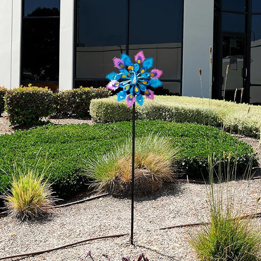 Alpine Corporation SLL2430 Double Layer Peacock Kinetic Wind Spinner Garden Stake, Colorful Statement Garden Décor, 55" H