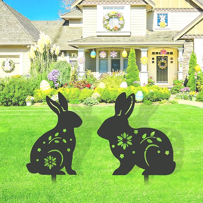 2 Pcs Easter Bunny Yard Signs Iron Rabbit Silhouette Decoration Black Metal Rabbit Yard Art for Outdoor Lawn Garden Spring Decor
