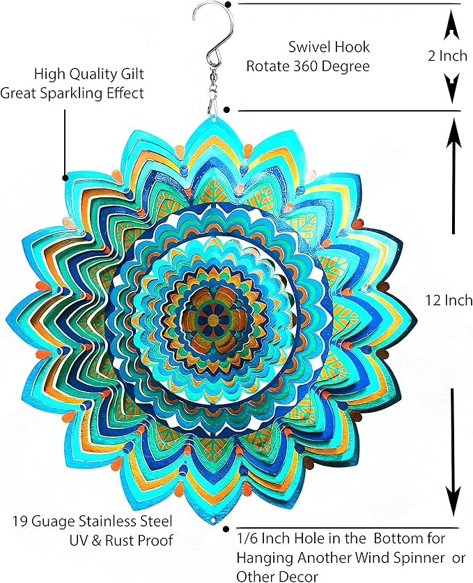 HS's Creation Wind Spinner Hanging Kinetic 19 Gauge 3D Metal with Swivel Hooks Sun Catcher for Outdoor Garden Decoration Handcrafted Art Gift Ornaments Sculpture Mandala Lucky Halo 12 Inch