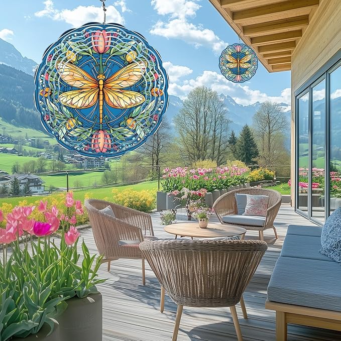 Dragonfly Floral Wind Spinners Outdoor, Hanging Wind Spinner for Garden Decoration, 8 inch 3D Stainless Steel Metal Wind Sculpture for Indoor/Outdoor Decor