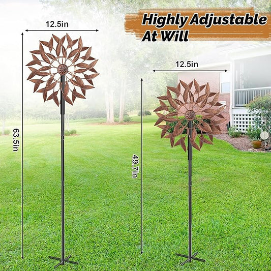 Wind Spinners Outdoor for Yard Garden, 360° Metal Windmills Art Decor with Stake, Kinetic Wind Sculpture for Lawn Patio Outside Ornaments, 63.5 x 12.5 Inches (Rust Color)