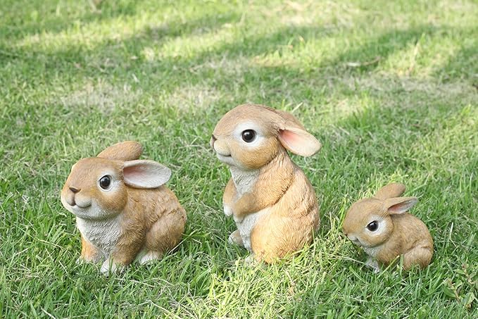 JORAE Bunny Statues Garden Decorations Set of 3 Outdoor Easter Rabbit Figurines for Yard Home Decor Table Animal Sculptures Indoor, Polyresin, Brown
