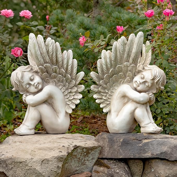 Zaer Ltd. Set of 2 Cherub Statues in Stone Grey Finish (20" T. Thomas & James)