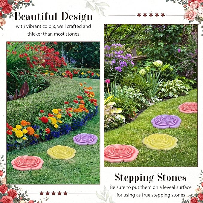 Cinnvoice 3 Pack Garden Stepping Stone Outdoor, Decorative Dimensional Resin Stepping Stones for Patio Pathway Landscaping Walkway Sculpture Yard Backyard Lawn(Rose,10 Inches)