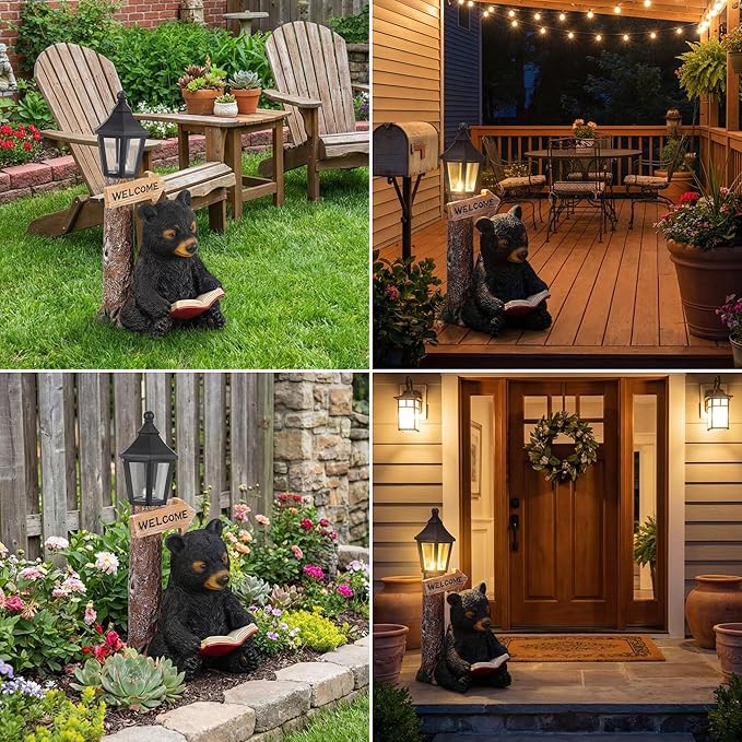 Lyeasw Solar Outdoor Bear Garden Statues – Bear Figurine Lights Decor with Welcome Sign for Lawn, Patio & Porch – Perfect Mother’s Day, Birthday & Housewarming Gifts