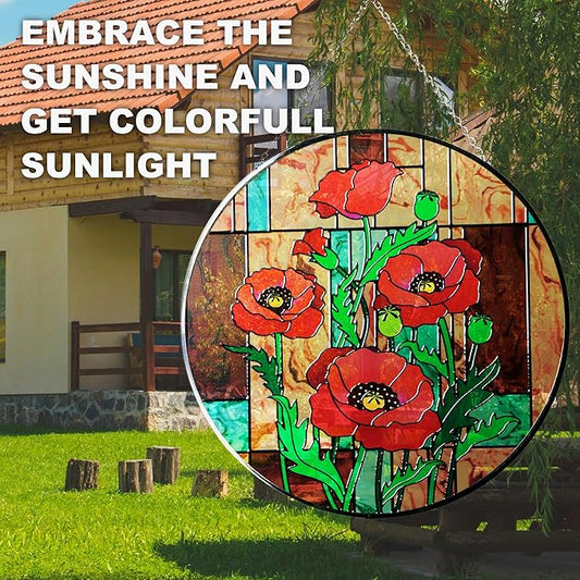 Hanway Suncatcher in Colorful Stained Glass 12" Dia - Genuine Brightly Colored Glass, Protective Metal Edge, Ready to Use Hanging Chain, for Window, Garden (Poppy Flower)