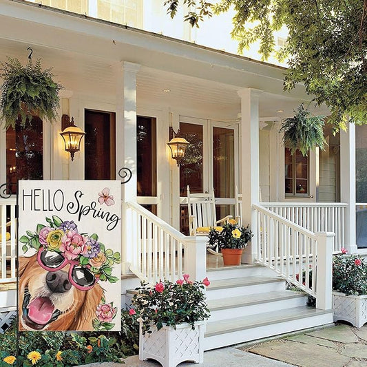 Hello Spring Garden Flags for Outside 12x18 Inch Double Sided, Dog with Flowers Hat Small Yard Decoration, Seasonal Summer Anniversary Wedding Decor for Farmhouse Holiday Outdoor