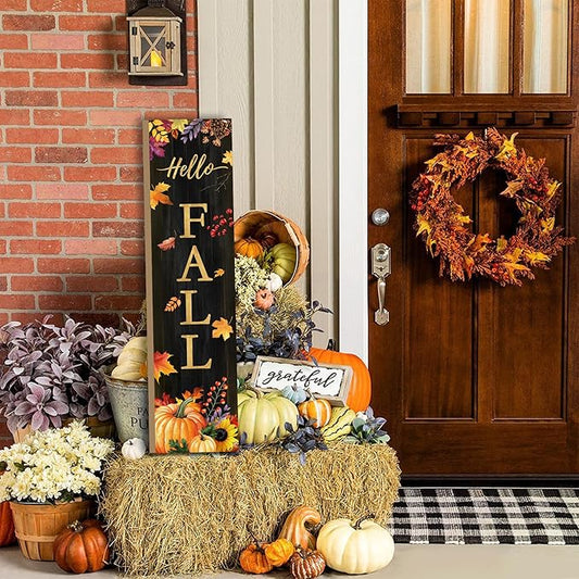 Hello Fall Porch Sign for Front Door, Autumn Wooden Welcome Sign with Maple Leaves Pumpkin for Front Porch Decorations, Fall Garden Decor Outdoor Hanging Signs Wall Sign 31.5"H