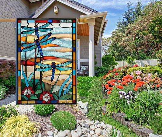 Spring Summer House Flags 28 X 40 Double Sided, Dragonfly Stained Glass Style Flowers Garden Flag Burlap Yard Flags for Outside Seasonal Decoration