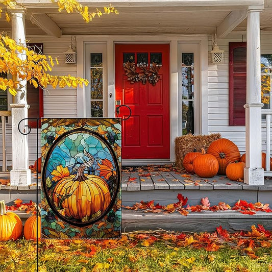 Garden Flags, Garden Flag, Stained Glass Style Pumpkin Maple Leaf Double-Sided Flags for Farmhouse Yard Outdoor Decoration-12 x 18inch (Pumpkin-3)