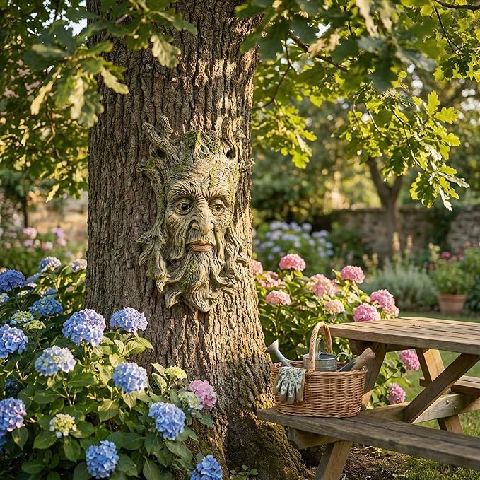 Whimsical Tree Face Garden Statues Outdoor Decor – Funny Old Man Tree Hugger Wall Sculpture with Moss, Fairy Art Fence Hanging Resin Ornament, Outdoor Wall Mounted Sculpture for Patio Lawn & Home