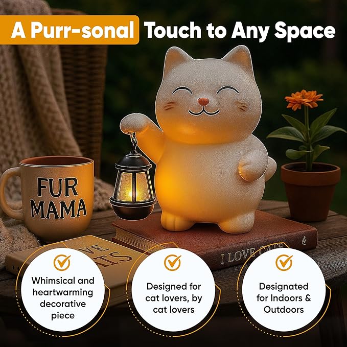 Solar Cat Garden Statue with Lantern – Outdoor Cat Statue for Garden, Patio & Yard, Weatherproof Resin Figurine Lawn Ornament Garden Decor with Soft Solar Glow