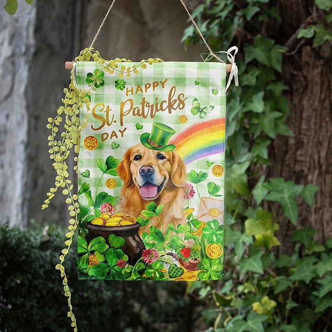 Golden Retriever St Patricks Day Garden Flag Dog St Patrick's Day Yard Flags for Outside 12x18 Double Sided Buffalo Plaid Shamrock Flag Small Outdoor Rainbow St Patrick's Decor