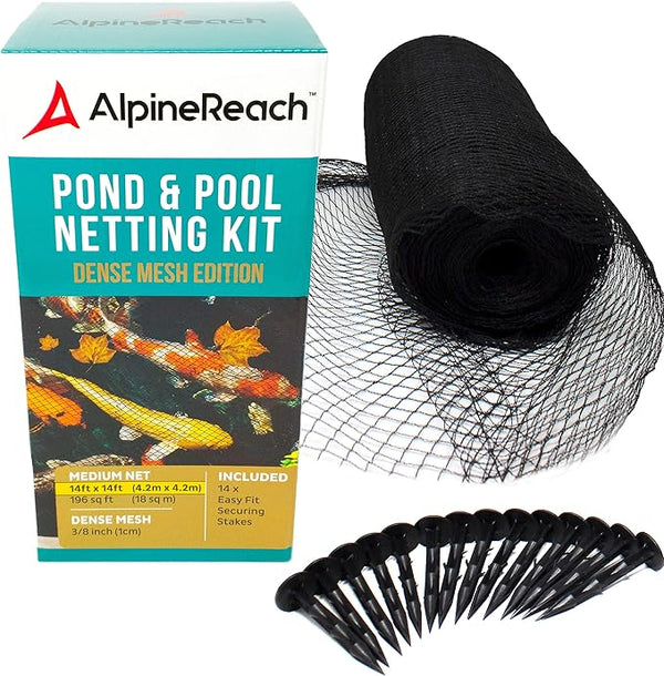 AlpineReach Koi Pond Netting Kit 14 x 14 ft Black Heavy Duty Woven Fine Mesh Net Cover for Leaves - Protects Koi Fish from Blue Heron Birds, Cats & Predators – Reusable & Stakes Included