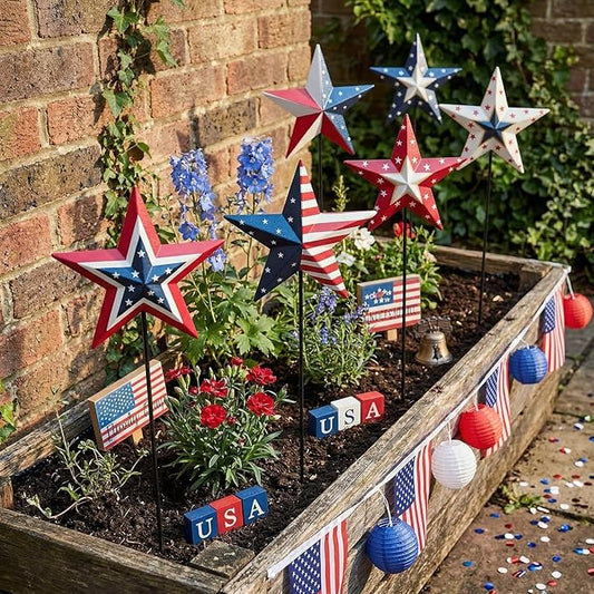4th of July Decorations Outdoor 19" Metal Barn Star 6-Pack, Patriotic Outdoor Decorations, Rustic Iron Decorative Garden Stakes with American Flag Stars for Yard Patio Lawn