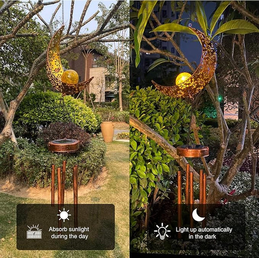 Solar Wind Chimes for Outside, Moon Hanging Solar Lights with Crackle Glass Ball, Waterproof LED Wind Chime Outdoor Decor for Garden Patio Yard, Memorial Gift for Mom Grandma