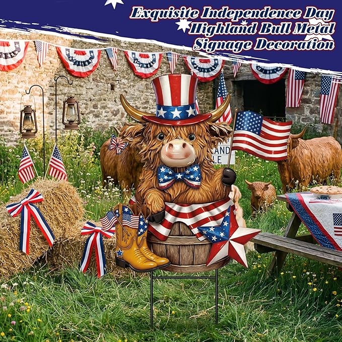 Amyhill 4th of July Highland Cow Outdoor Decor Patriotic Star Metal Garden Stakes Decorative Red White Blue Calf Lovers Yard Signs with Stakes for Independence Day Memorial Day Garden Lawn Decorations