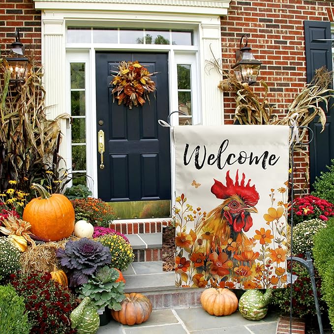 Chicken Fall Garden Flag Autumn Rooster Yard Sign Orange Floral Thanksgiving Outdoor Banners for Outside 12x18 Double Sided Small Wild Flower Lawn Decorations