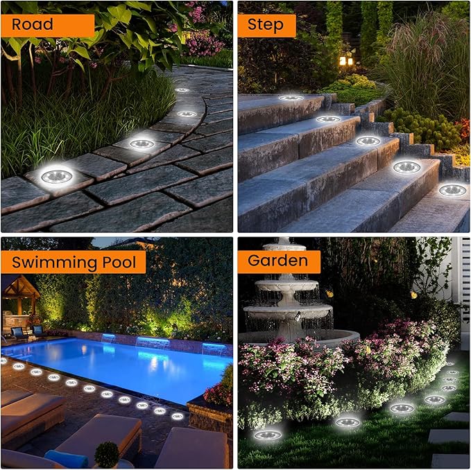 Siatom Solar Ground Lights 12 Pack, IP68 Waterproof Solar In-Ground Light for Outdoor, Flat Landscape Lighting, Garden Disc Light for Pathway, Walkway, and Yard - 12 Pcs (Cool White)