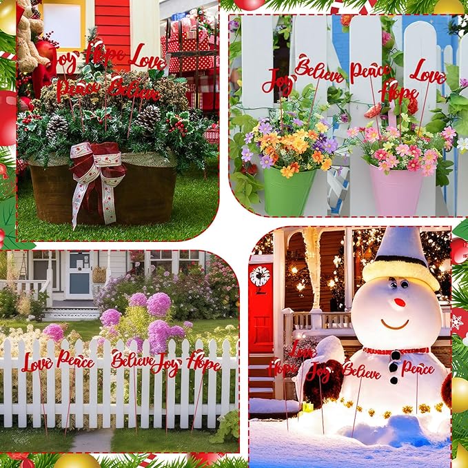 Roowest 5 Pack 12'' H Metal Christmas Yard Stakes Outdoor Decorations Joy Peace Love Believe Hope Garden Signs Christmas Potted Plant Stakes for Holiday Winter Home Lawn Garden Porch Party Decor