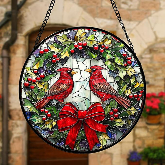 DASTOLL Stained Glass Window Hanging - Cardinals Green Wreath Suncatcher for Doors Home Christmas Decoration Red Bird Sun Catcher Thanksgiving New Year Birthday Gift for Women Men Mom Nana 11.8 in