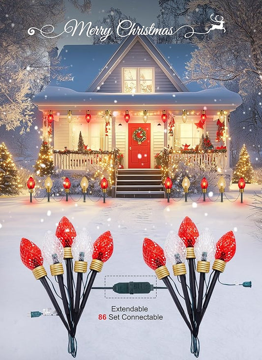 Moonflor Strawberry Jumbo C9 Christmas Lights Outdoor - 2 Pack Total 17FT 10 LED Jumbo C9 Christmas Pathway Lights Outdoor, Christma Decoration for Outside Lawn, Red & Warm White