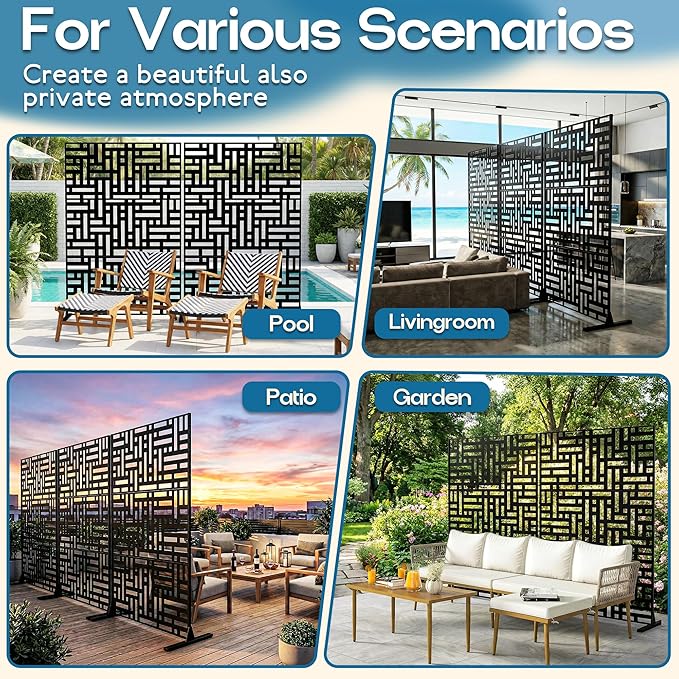 MTART Metal Privacy Screen 72" H x 47.2" Decorative Outdoor Privacy Screen Privacy Panel with Stand for Balcony Deck Patio Lawn Garden, Privacy Fence (Black-Street)