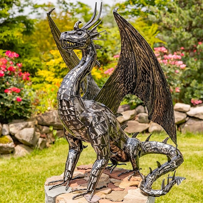Zaer Ltd. Metal Dragon Garden Statue, Freestanding Outdoor Sculpture, Hand-Painted Metallic Finish (40" Tall Spike)