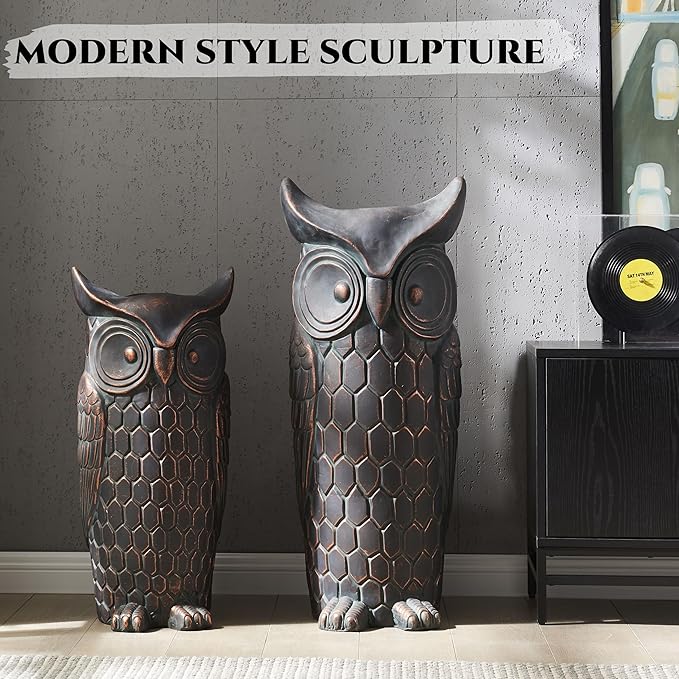 Wallowa Large Outdoor and Indoor Statue, 40"-32" inches Garden Sculptures & Statues, Faux Stone Owl Sculpture Set of 2, Garden Decoration, Large Free Standing Statue for Living Room, Porch, Backyard
