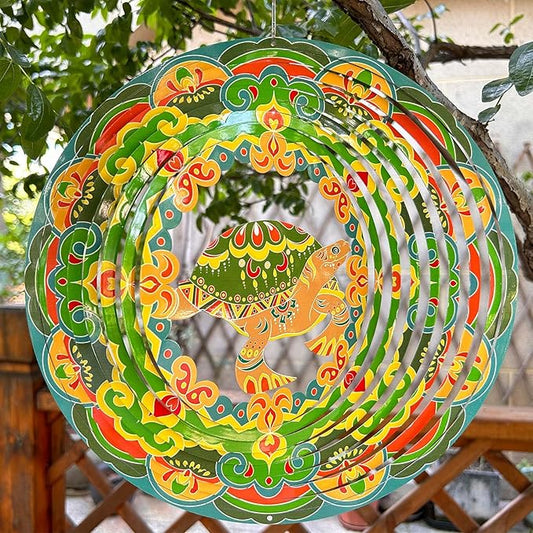 Sea Turtle Wind Spinner Colorful 12 inch 3D Stainless Steel Laser Cut Metal Double Sided Printing-Hanging Indoor/Outdoor Decorations Yard Gardening Decor,Metal Kinetic Art Ornament Gifts