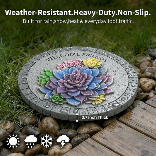 Landoraloria Cement Garden Stepping Stones Outdoor 10” Round Welcome Path Stones with Succulent Design, Outdoor Yard & Patio Decor Hand-Painted Cactus Welcome Sign