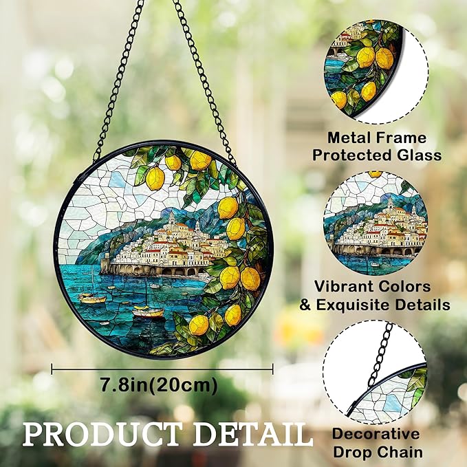 Italian Lemon Amalfi Coast Suncatchers Stained Glass Window Hanging, Summer Beach Lemon Sun Catchers Indoor Window Glass Round Wall Decor, Mediterranean Wall Hanging Decorations, 7.9x7.9in